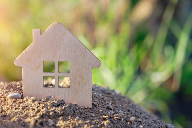 地上立着一个小房子模型，在阳光的照耀下。概念——房地产、住房保险、抵押贷款、租赁住房。水平照片，特写，复制空间图片下载