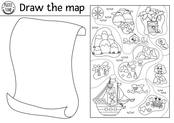画海盗地图。免费儿童创意绘画任务。完整的图片。矢量海盗绘图实践工作表。可打印的黑白活动的孩子。金银岛涂色页图片下载