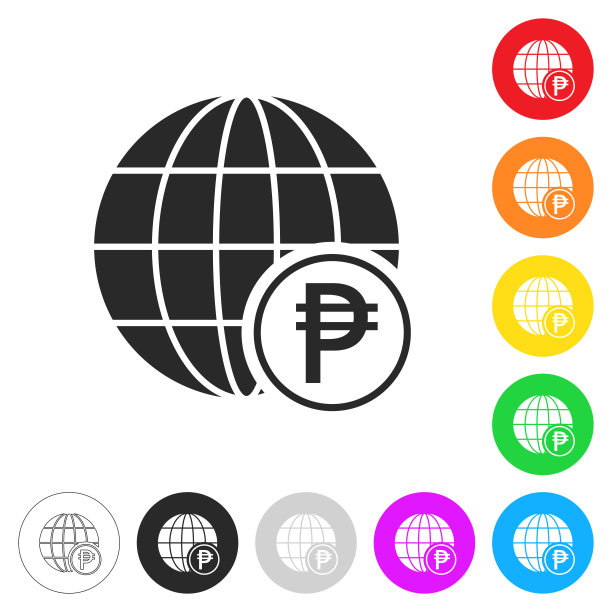 带比索符号的地球仪。彩色按钮上的图标图片下载