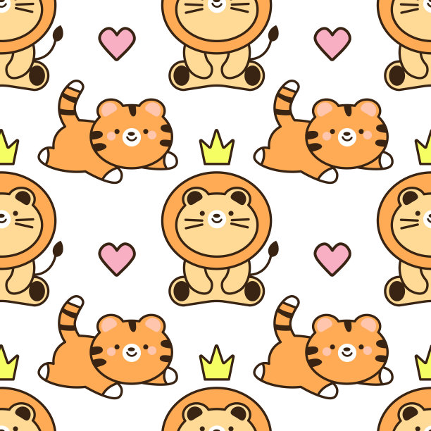 向量图案与卡哇伊狮子和老虎。可爱的动物作为背景。每股收益图片下载