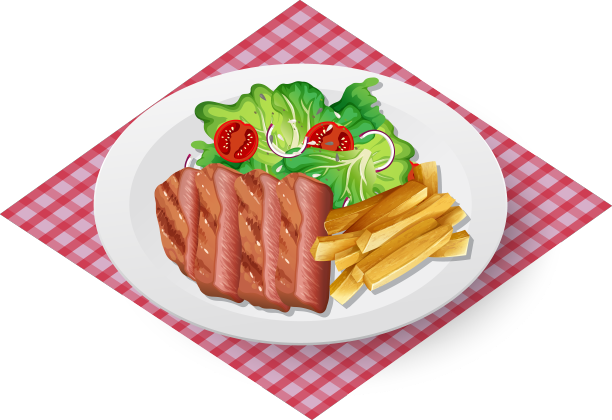 健康早餐，牛排，炸薯条和图片下载