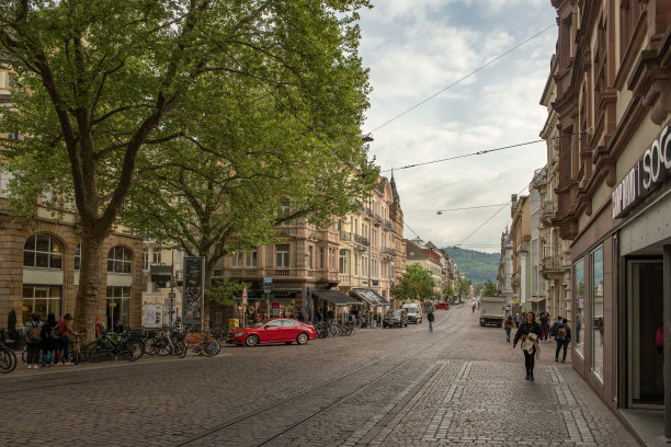 德国弗赖堡，历史老城，街道上有商店和建筑图片下载