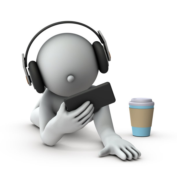 享受视频分发服务的人。一个戴着耳机的男人。一个躺下看智能手机的角色。3 d渲染。白色背景。图片下载