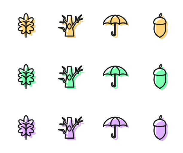 设置行伞叶裸树和橡子图标图片下载