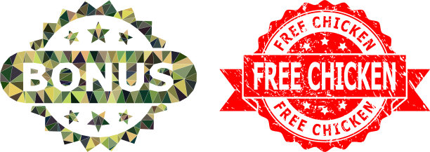 纹理自由鸡印章和奖金标签低聚图片下载