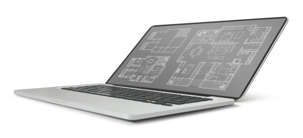 在显示器显示屏上打开笔记本电脑的特写和住宅公寓的设计图，孤立在白色背景上，图像也可用来模拟图片下载