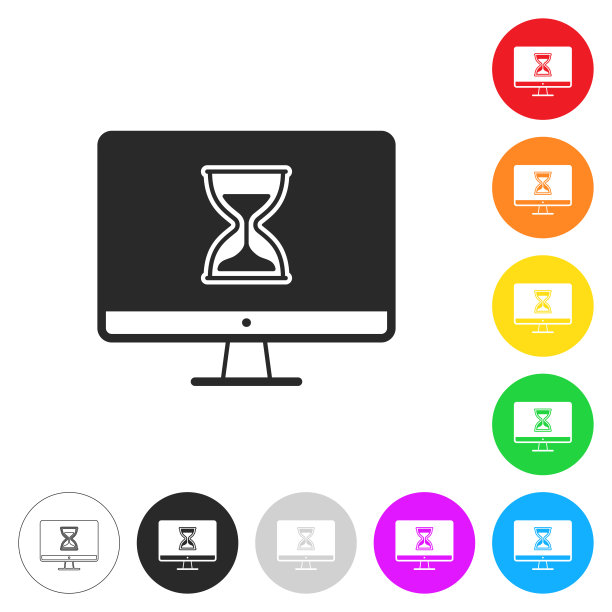 带沙漏的台式电脑。彩色按钮上的图标图片下载