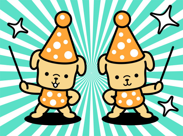 戴着派对帽的两只可爱小狗拿着指示杆做演示，一只手叉腰站立图片下载