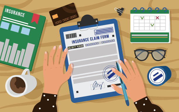 女性保险代理人填写一份保险理赔表。从上面查看桌面工作区。杂志，日历，眼镜，印刷，信用卡，纸张，咖啡。矢量图图片下载