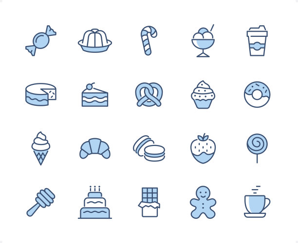 甜食图标设置。可编辑的笔画重量。像素完美的二色图标。图片下载