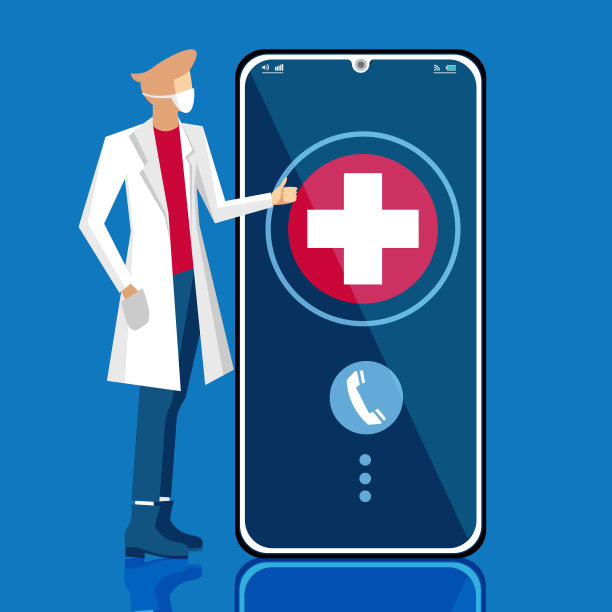 远程医疗，扁平风格的医疗保健概念。医生通过移动电话在抽象的彩色背景下进行远程预约。图片下载