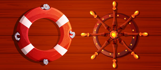 卡通风格的海上旅游、旅游和暑假概念。救生圈和方向盘在一个抽象的木制背景。在线订单信息图，网页，应用程序设计。图片下载