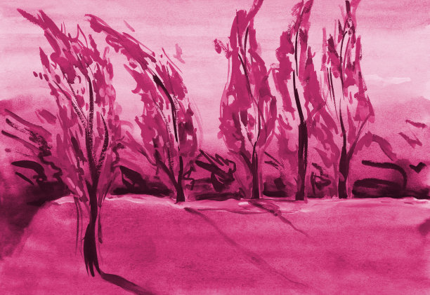 插画画水彩横向景观印象派树木草坪阳光和风杨树图片下载