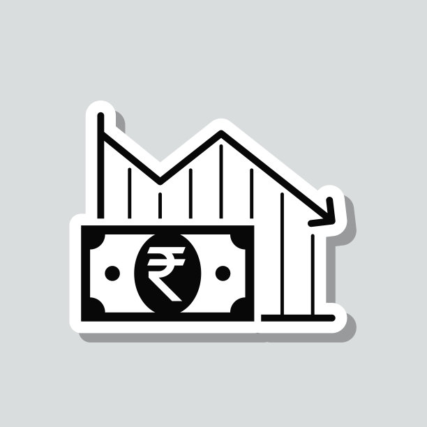 印度卢比纸币下降图表。图标贴纸在灰色背景图片下载