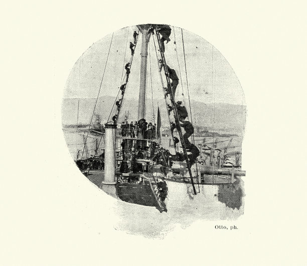 19世纪航海，法国水手爬上一艘战舰的索具图片下载