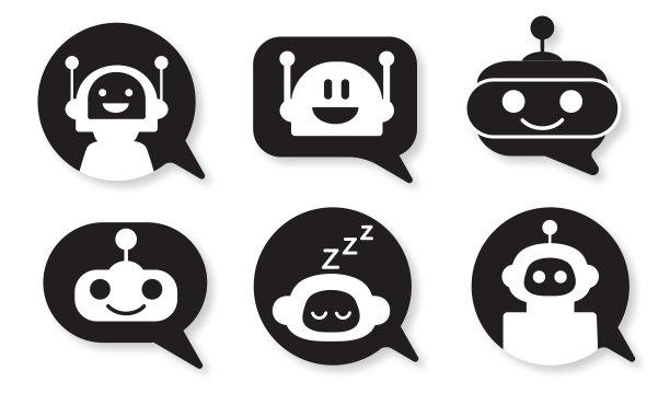 一套聊天机器人虚拟助手在语音气泡概念图标上的白色背景图片下载