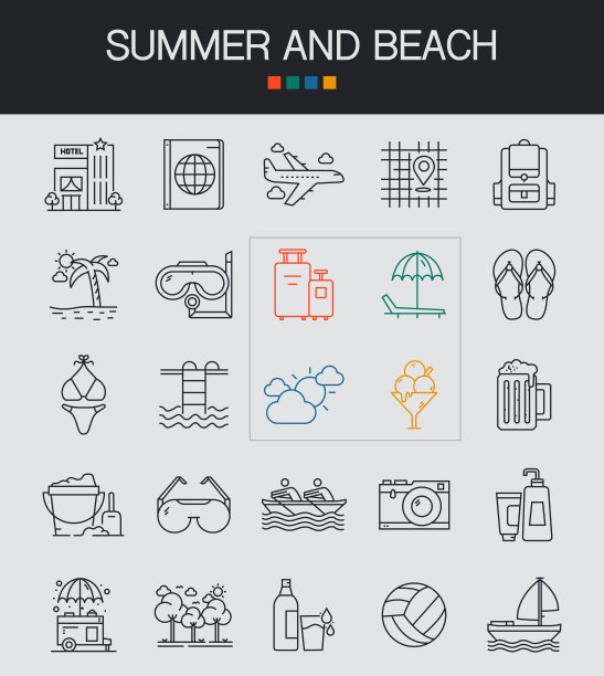 夏天和海滩线图标可编辑的笔画。旅社，冰淇淋，海滩，护照，大海图片下载