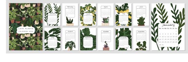 日历与手工绘制植物2023。喜欢植物的概念。家居和办公室室内装饰。平面风格的矢量插图。A3格式。无缝模式里面。图片下载