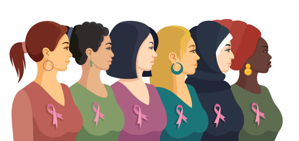 系粉红丝带的多民族妇女团体。乳腺癌意识和支持概念。女性化的概念。图片下载