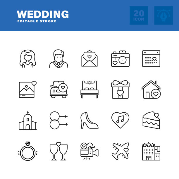 婚礼线图标设置。可编辑的中风。像素完美。图片下载