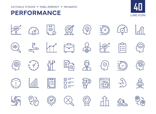 性能线图标集包含效率，生产力，准时，改进，进度等图标。图片下载