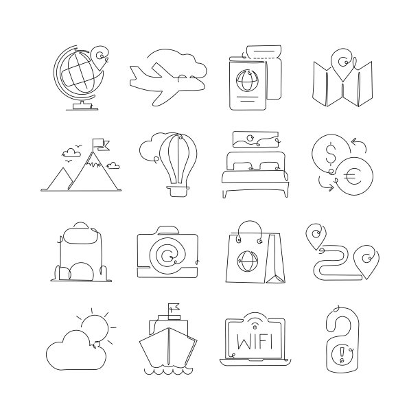 旅游和旅游相关的单行图标。大纲符号集合图片下载