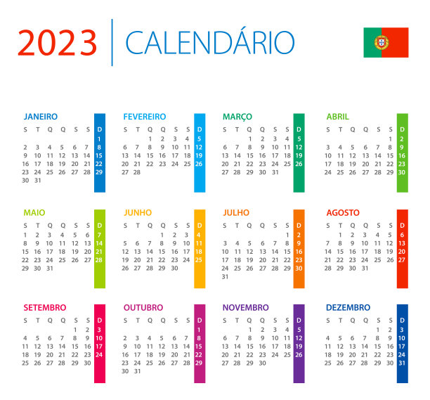 日历2023葡萄牙-彩色矢量插图。葡萄牙语版本。图片下载