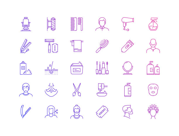 理发店相关的矢量细线图标的简单集合。大纲符号集合。图片下载