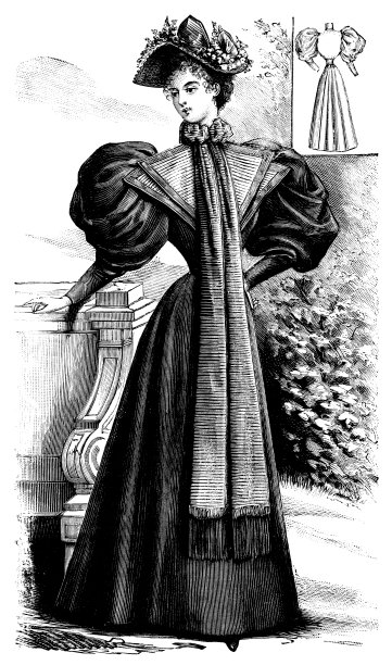 法国时装——带羊腿袖的褶皱连衣裙(前后)图片下载