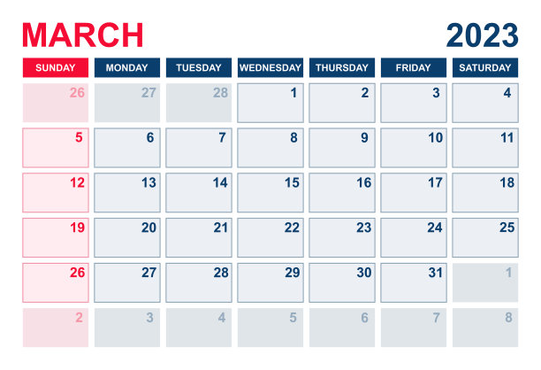 2023年3月日历。日历计划设计模板。一周从周日开始。业务矢量图图片下载