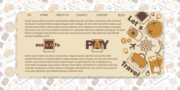 网络模板旅游和旅游的扁平风格。无缝旅行背景上带有文本的旅行图标。图片下载