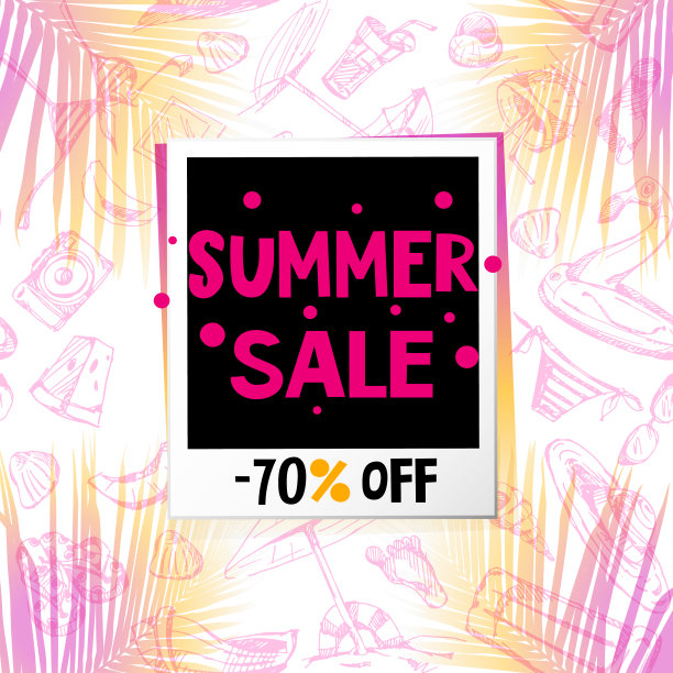 平面风格的夏季促销概念。一张在白色背景下快速打印夏季销售的照片，在棕榈叶的阴影下手绘。图片下载