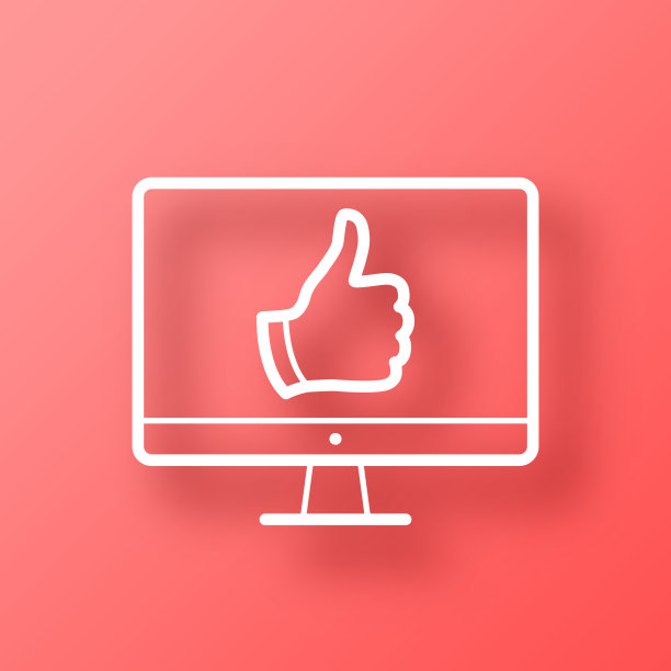 台式电脑，竖起大拇指。图标在红色背景与阴影图片下载