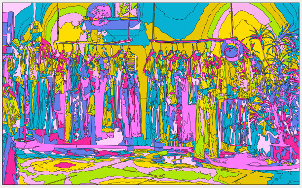 勾勒风格霓虹色彩的立体卡通室内场景，服装卖场的室内空间图片下载