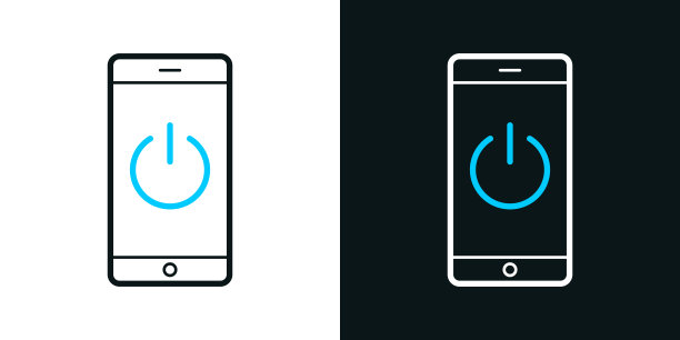 带电源按钮的智能手机。黑色或白色背景上的双色线条图标-可编辑笔触图片下载