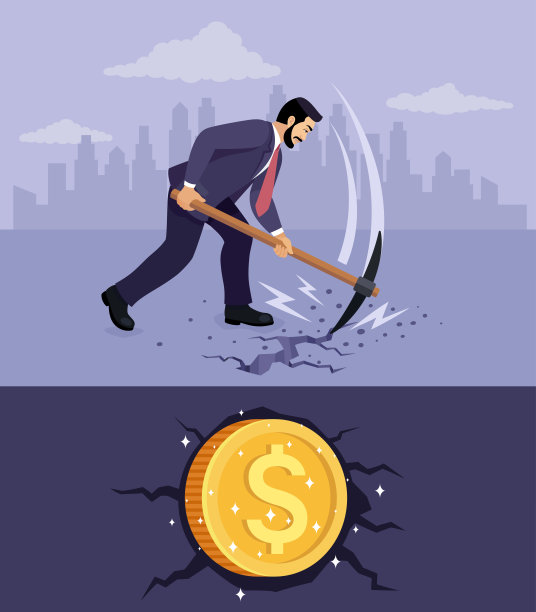 拿着镐头的商人。商人挖掘寻找金元硬币。金元硬币开采。图片下载