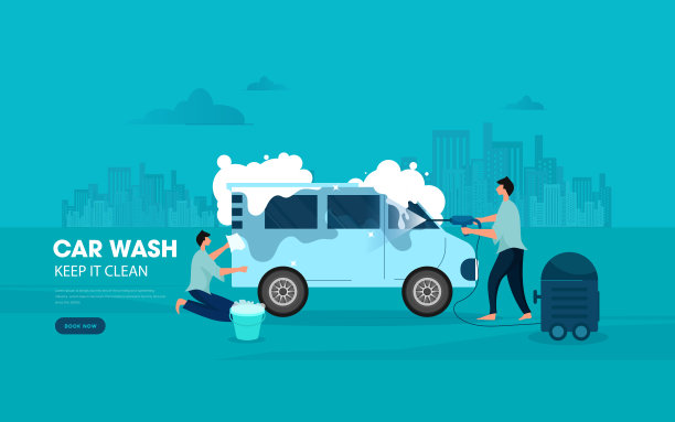 男子用泡沫和水清洗蓝色汽车图片下载
