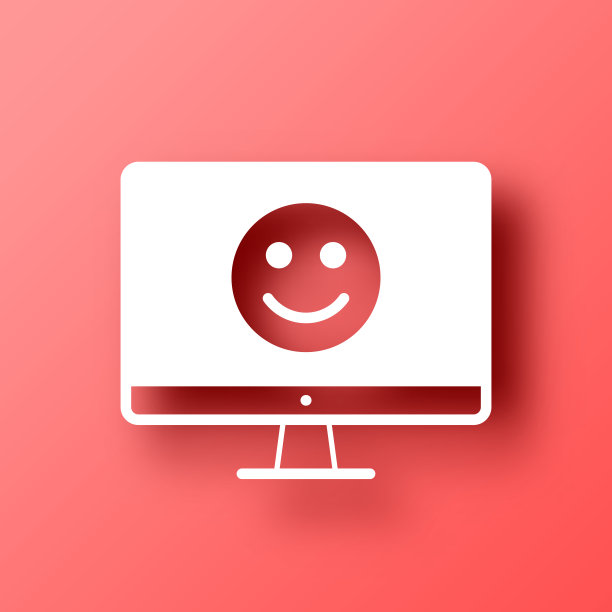 有快乐表情的台式电脑。图标在红色背景与阴影图片下载