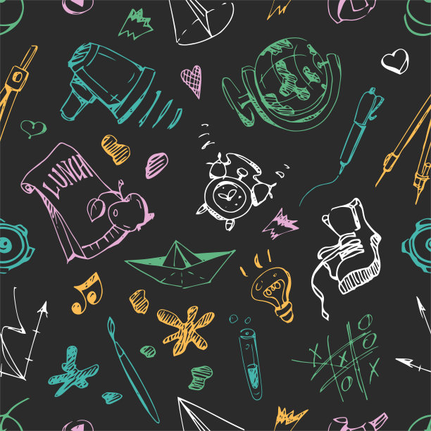 学校教育理念。无缝学校背景与手绘黑色中性背景。用彩色蜡笔画的画。图片下载