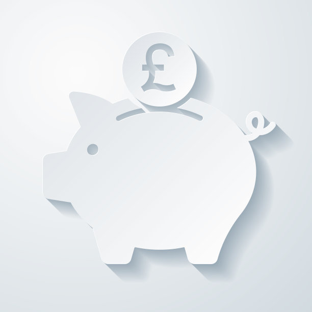 装有英镑硬币的储蓄罐。空白背景上剪纸效果的图标图片下载