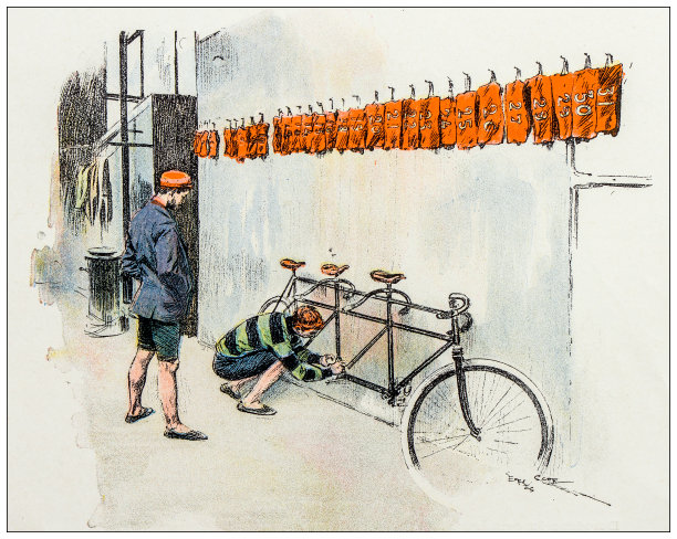 仿古形象:专业自行车运动员双人串联训练准备图片下载