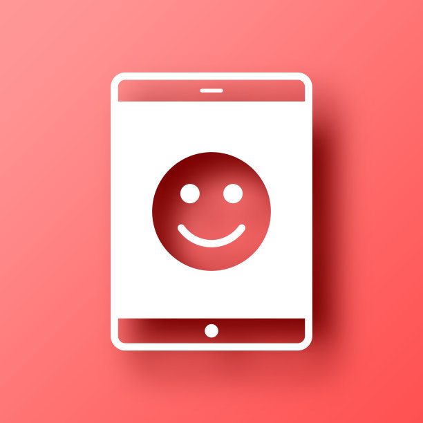 有快乐表情的平板电脑。图标在红色背景与阴影图片下载