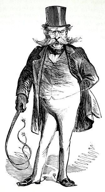 一个留着可怕胡子的政客看起来非常愤怒，笔直地站在正面，右手拿着一根白色背景上剪出的长有倒钩的两尖鞭子图片下载