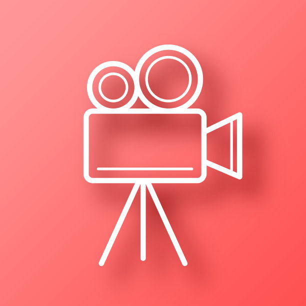 带三脚架的电影摄影机。图标在红色背景与阴影图片下载