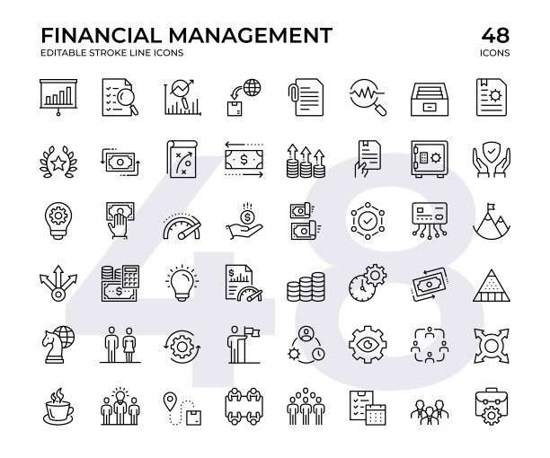 财务管理矢量线性图标集：包含演示、分析、现金流、计划、财务报告等图片下载