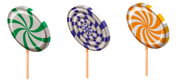 一套棒棒糖旋转糖果螺旋等距。甜螺旋条纹焦糖，粘上，矢量卡通风格图片下载