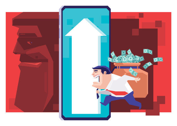 商人拿着一袋钞票，跑到智能手机上的上升箭头门口，黑客躲在里面图片下载