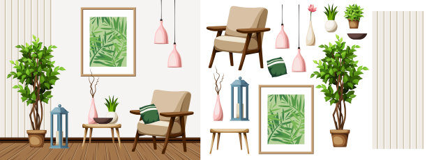 房间内部有一把扶手椅，一幅画，和一棵大树。家具集。内部构造函数。卡通矢量插图图片下载