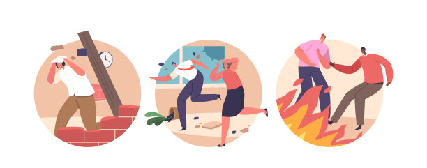 孤立的圆形图标或化身与恐惧的人逃离地震和火灾肆虐，矢量插图图片下载