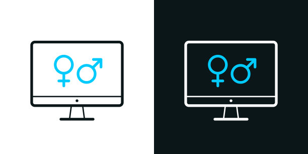 带有性别符号的台式电脑。黑色或白色背景上的双色线条图标-可编辑笔触图片下载